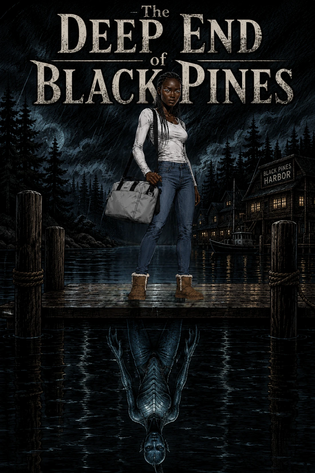 The Deep End of Black Pines — cover art. A woman stands on a dock at Black Pines Harbor at night, her reflection in the water revealing a clawed, unknown shape.